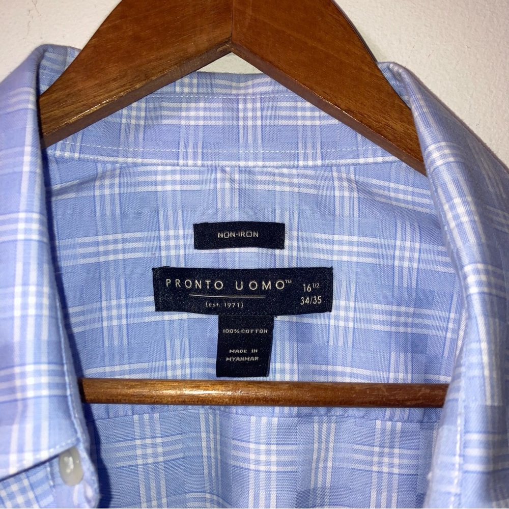 Mens Pronto Uomo Button Front Dress Shirt, Blue Plaid, size 16.5 34/35, EUC! - Picture 3 of 3